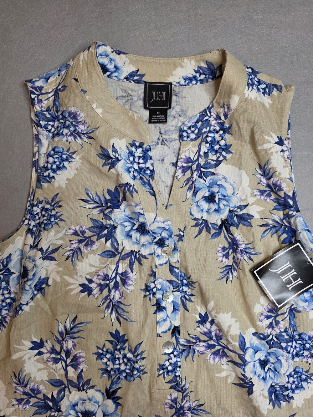 JH Women's Dress Size 14 Tan Blue Floral Print Rayon Linen V-Neck Sleeveless